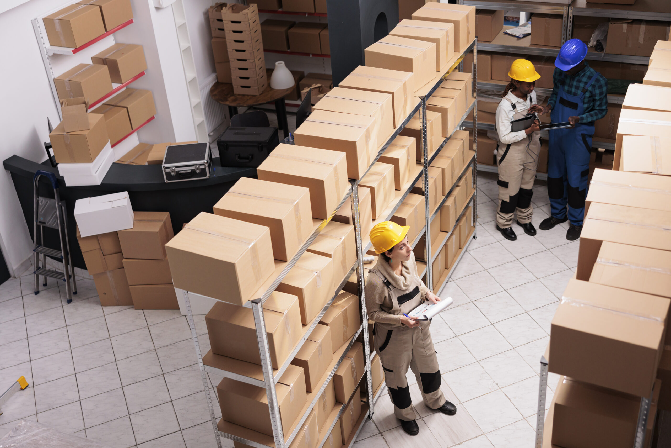 Diverse shipping service supervisors team working in warehouse, checking inventory system. Storehouse assistants reading stock supply report on clipboard and scanning parcels top view