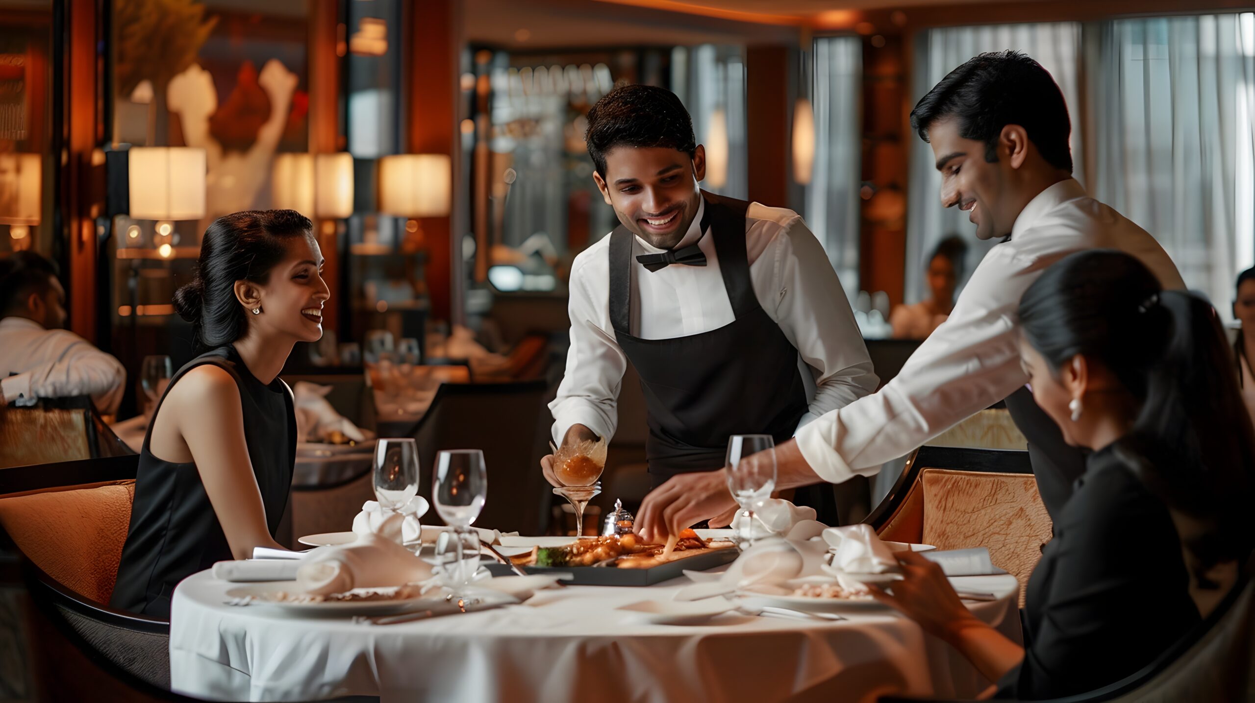 The image depicts a luxurious fine dining experience in an opulent restaurant setting The table is set with elegant tableware,and the waitstaff,dressed in formal attire,are presenting the dishes with